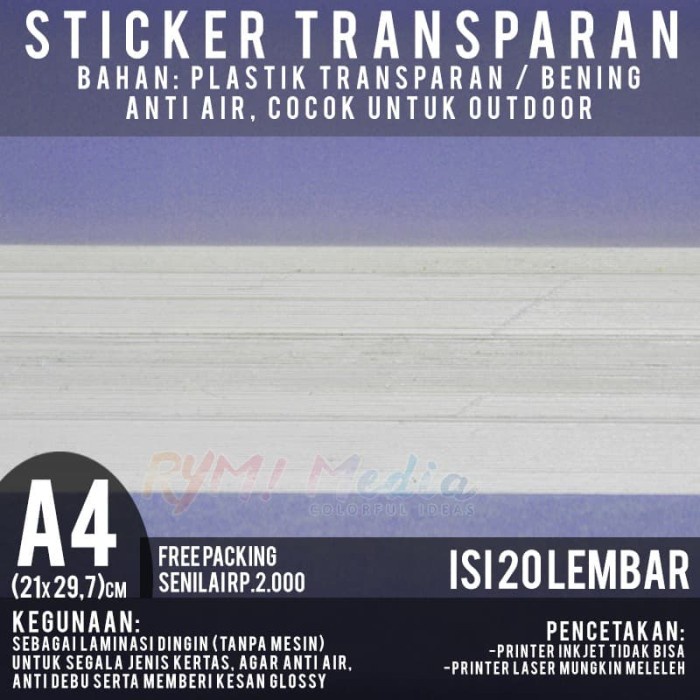 

PEREKAT-PENGIKAT- KERTAS STIKER TRANSPARAN A4 ISI 20 LBR / STICKER TRANSPARANT LAMINASI -PENGIKAT-