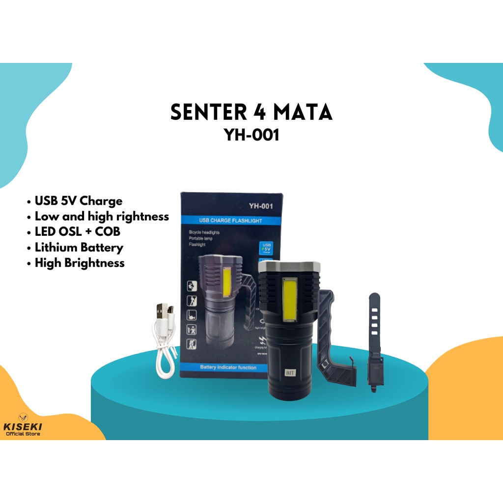 Kiseki Senter 4 Mata L-19/Yh-001| Usb Charge Flashlight | Senter Tangan | Senter Sepeda | Senter Multifungsi | bisa cod-6
