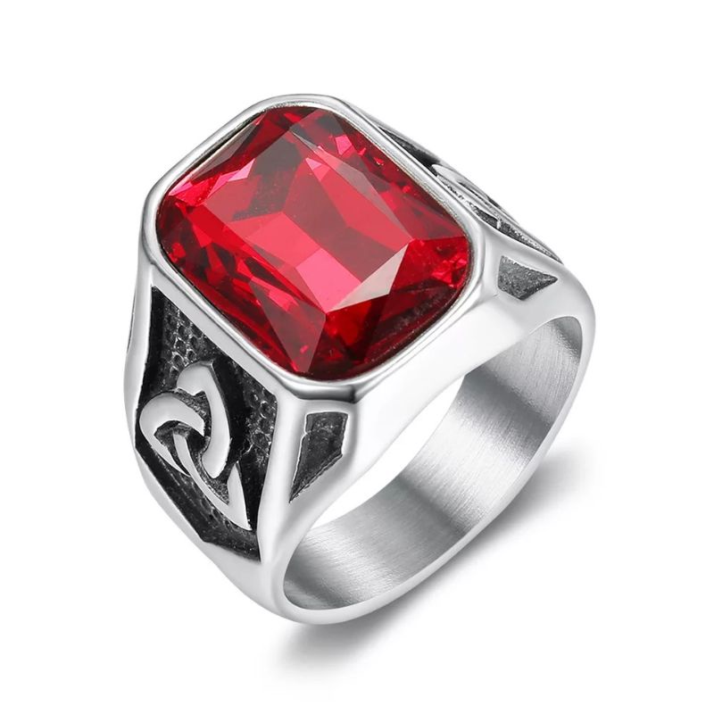 Cincin Pria Titanium 316L Stainless Steel Original Nordic Viking Odin Totem Premium Batu Red Ruby