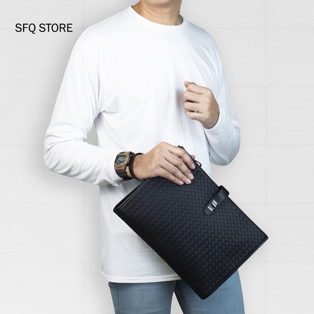 Tas Genggam Pouch Kulit Knitted Leather Handbag Plus Selempang Impor