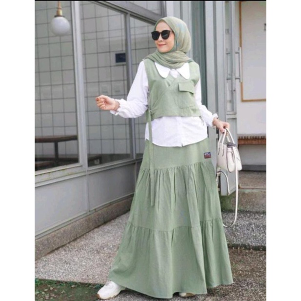 new set rok 3 in 1 vest dengan gesper // set kemeja rok dan vest by nasywa // 3 in 1 pakaian wanita