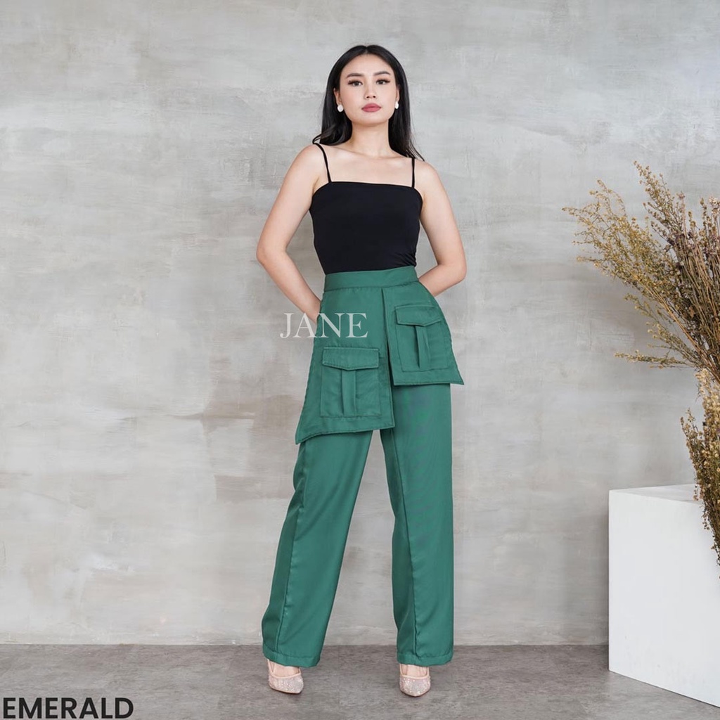 JANE COLLECTION ||  Celana Panjang Kulot Kantong Depan Pinggang Karet Celana Kain Wanita Cullotes Pants Lurus Cewek Ukuran L XL Kasual Kekinian - Paola Pocket Pants