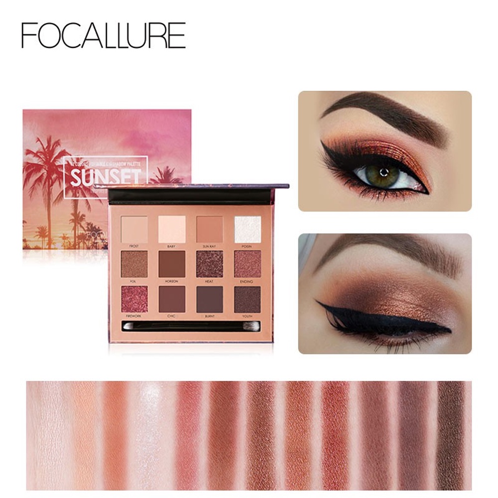 ❤ BELIA ❤ FOCALLURE Eyeshadow Palette SUNSET 12 Shade Warna FA50 | Shimmer Glitter Waterproof Smudgeproof | BPOM