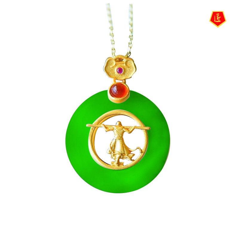 [Ready Stock]Hetian White Jade Golden Hoop Rod Pendant Vintage