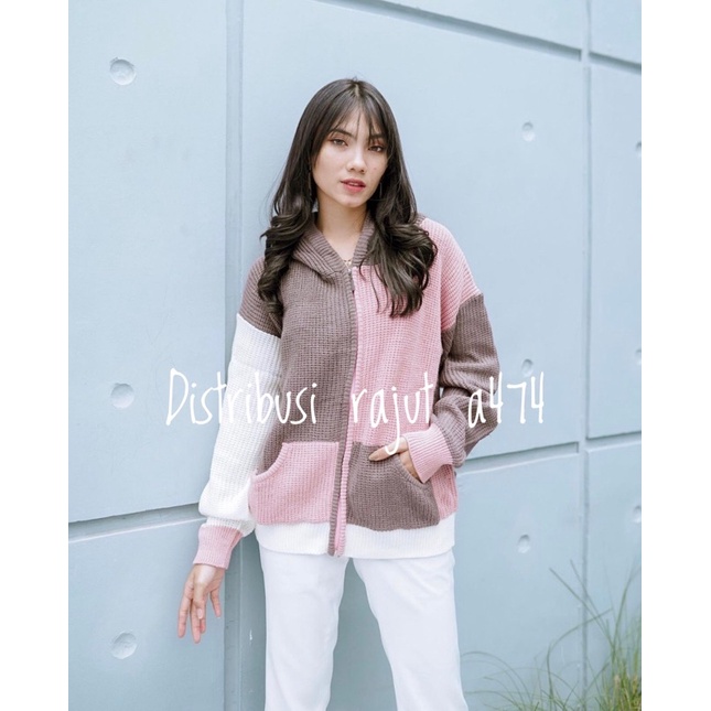 JAKET SWEATER HOODIE RAJUT TWOTONE OVERSIZE RESLETING TEBAL