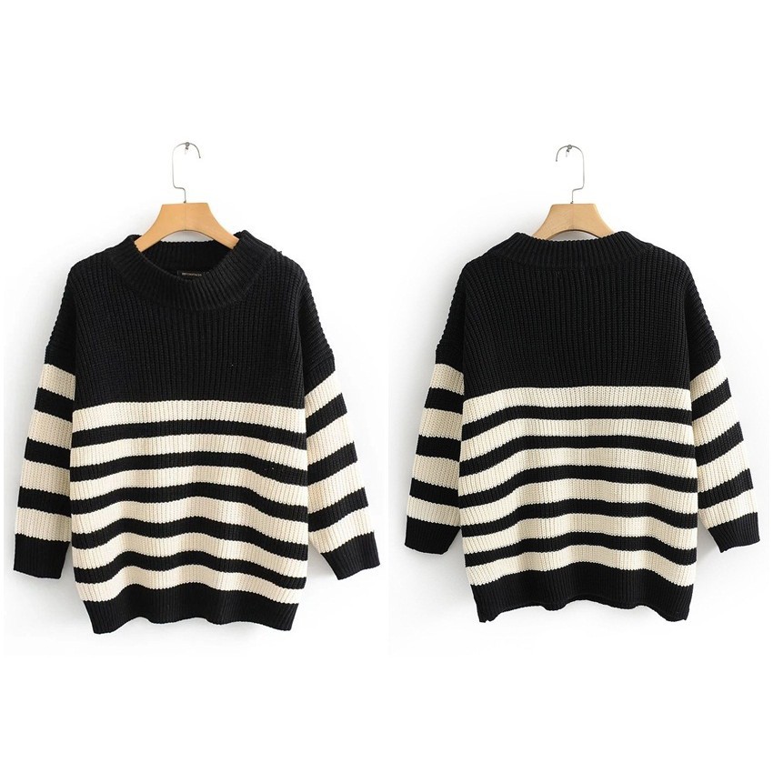 [baju wanita korea]  Sweater Rajut Knit Garis Hitam Putih Wanita Korea Import