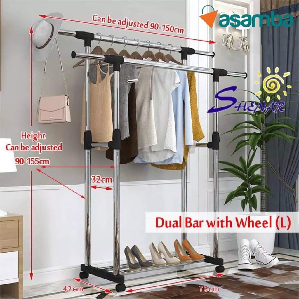GANTUNGAN PAKAIAN BESI STAND HANGER SINGLE POLE SERBA GUNA DOUBLE POLE SHENAR