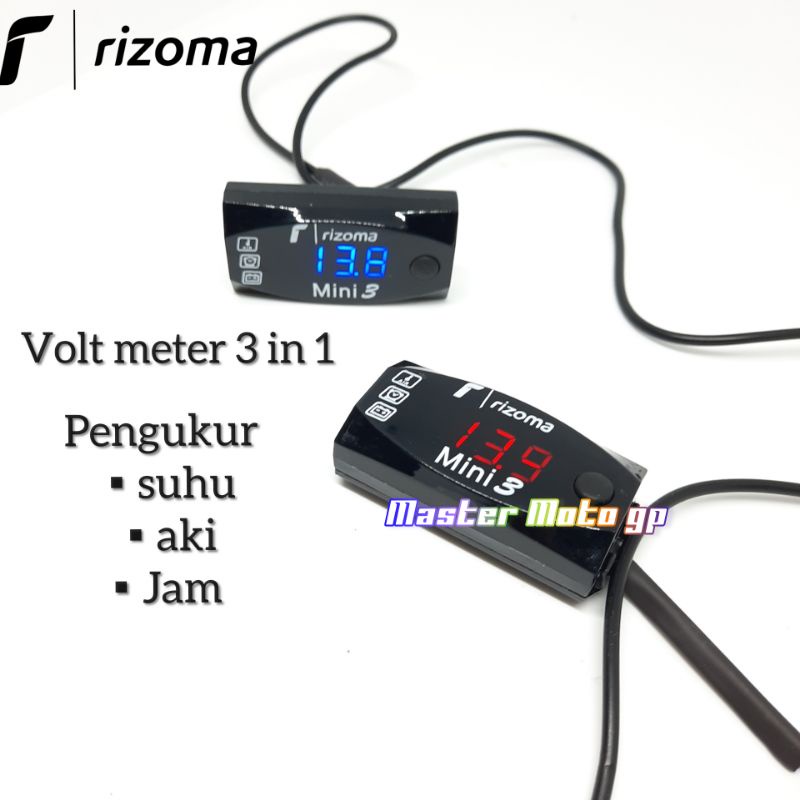 Volt meter Rizoma 3 in 1 volt meter jam suhu pengukur aki volt meter digital mini 3 Rizoma