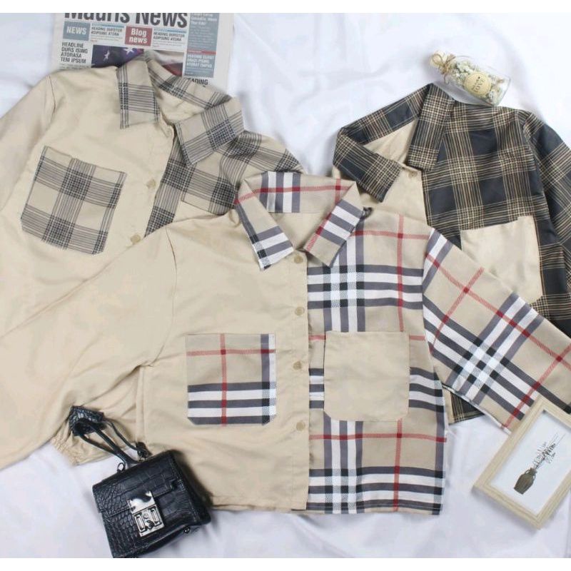 Kemeja Blouse Korea Crop Top Kotak Kotak Two Tone