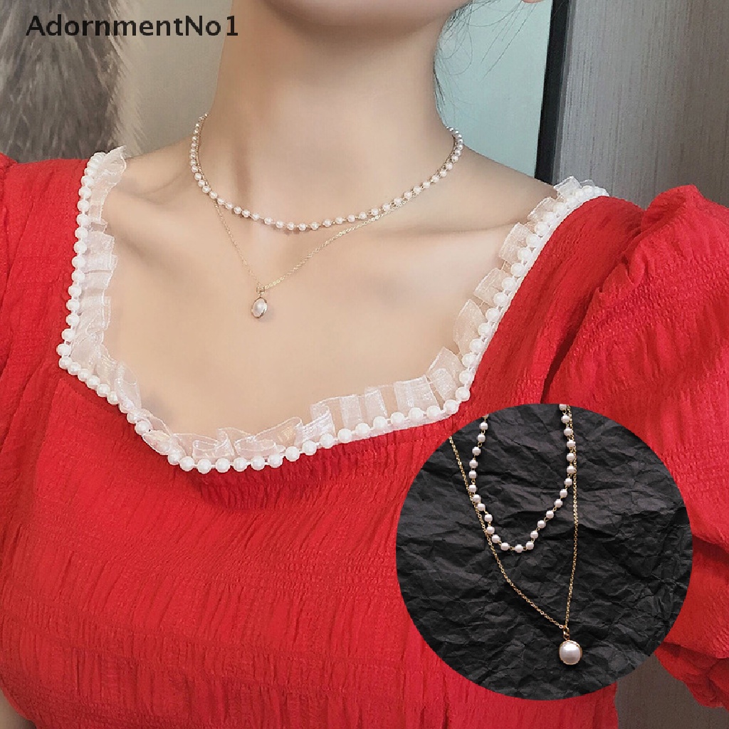 [AdornmentNo1] New Fashion Kpop Pearl Choker Necklace Cute Double Layer Chain Pendant Girl Gift [new]