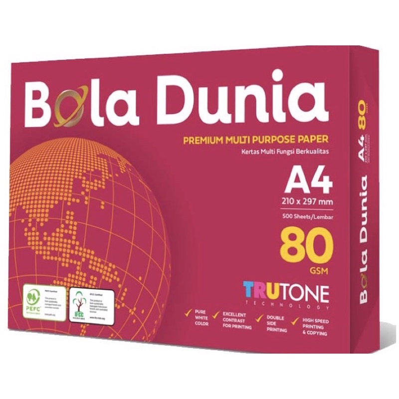

kertas HVS A4 80Gsm Bola Dunia (210x297mm) 1Rim 500 lembr