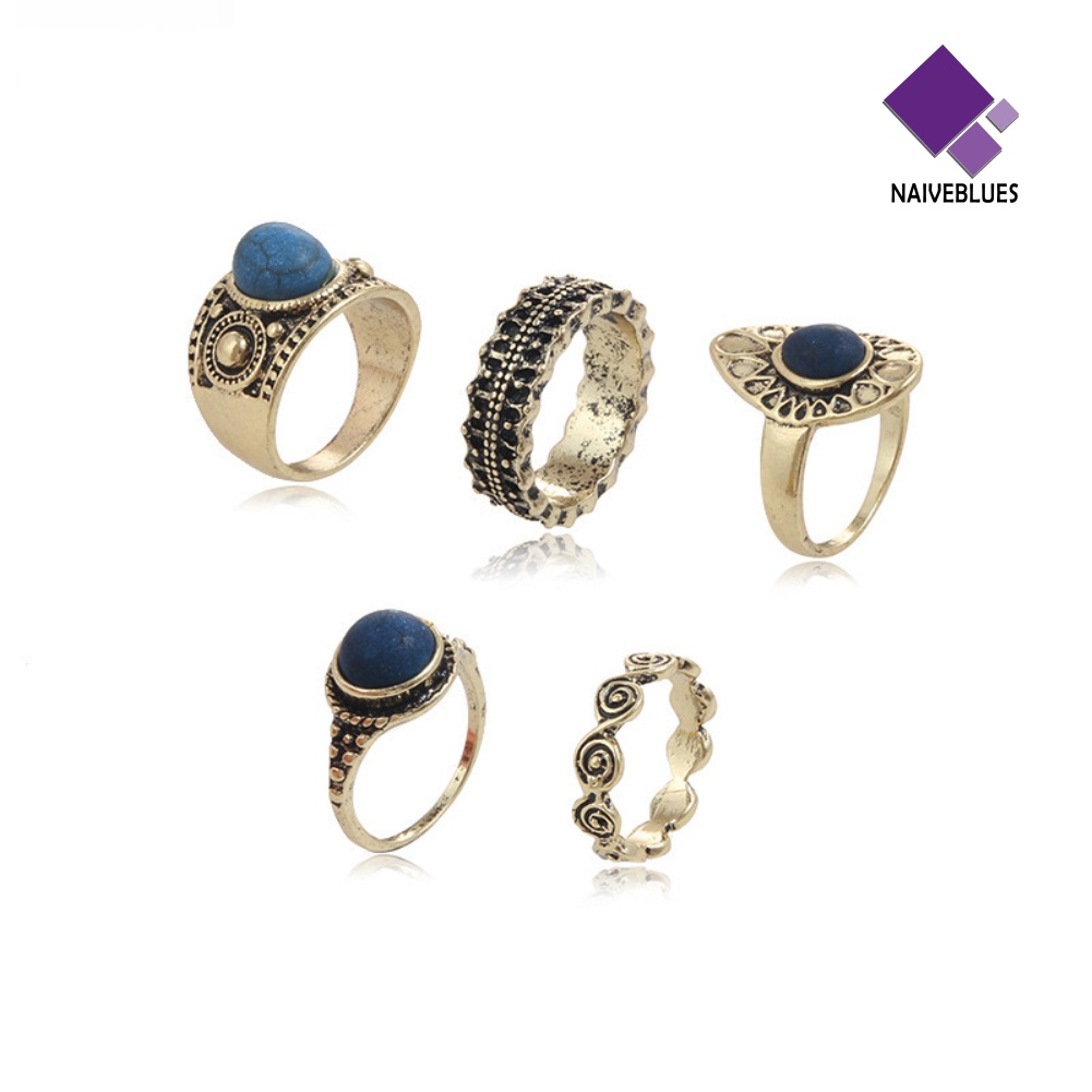 Naiveblue 5Pcs / Set Cincin Gaya Vintage Bohemia Aksen Batu Biru Untuk Perhiasan Wanita