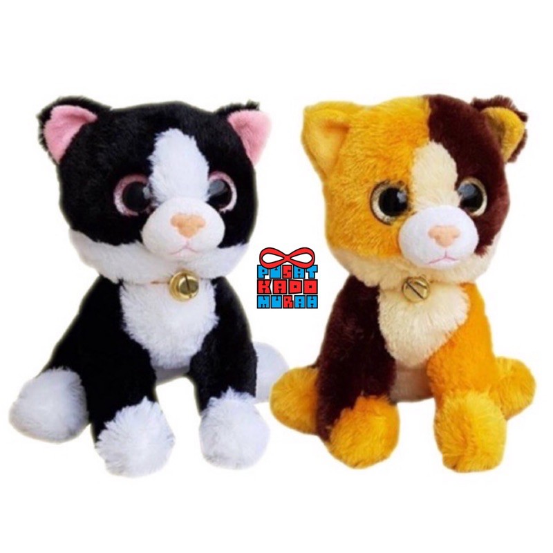 Boneka Kucing Big Eyes Hitam Putih / Black White dan Gold / Brown 28 cm - Pusat Kado Murah