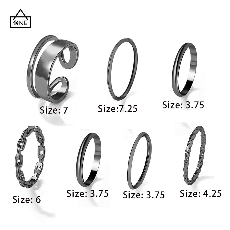 COD❤️ Cincin Gabungan Hitam Kepribadian Kreatif Set Kombinasi Hamparan Sederhana Set Cincin 7 buah