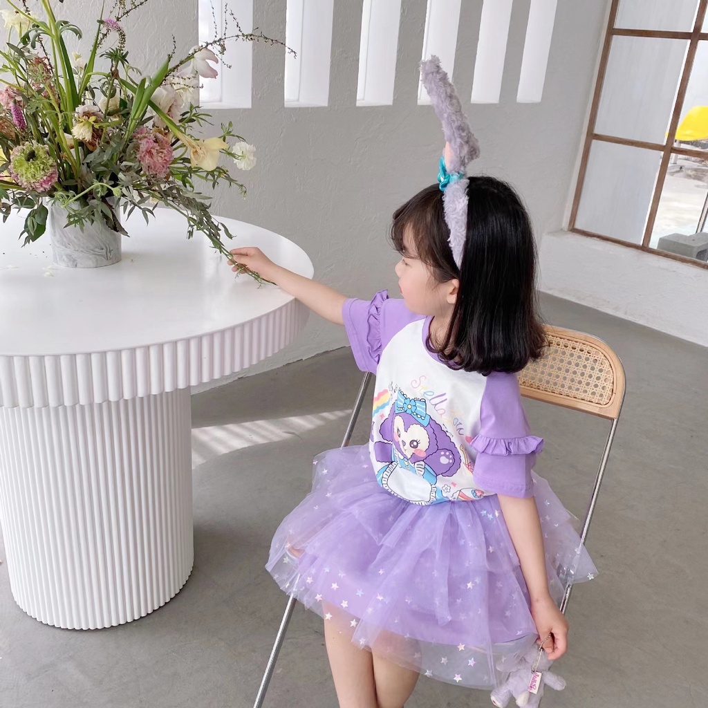 Setelan Anak Perempuan Kaos Stell Lou dan Rok Tutu Mesh Lucu Impor (Gratis Bando)