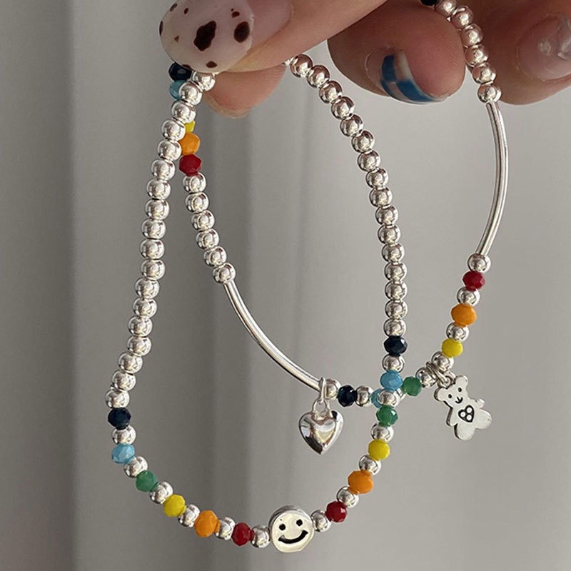 Papaozhu Handmade Rainbow Beads Smiley Face Gelang Untuk Wanita Perempuan Korea Warna-Warni Manik-Manik Hati Beruang Gelang Untuk Persahabatan Perhiasan Rantai Pergelangan Tangan Elastis