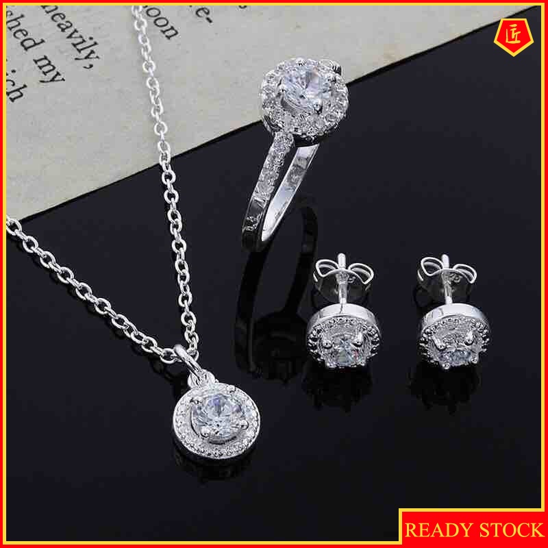 [Ready Stock]Crystal Silver Necklace Ring Earrings Three-Piece Set