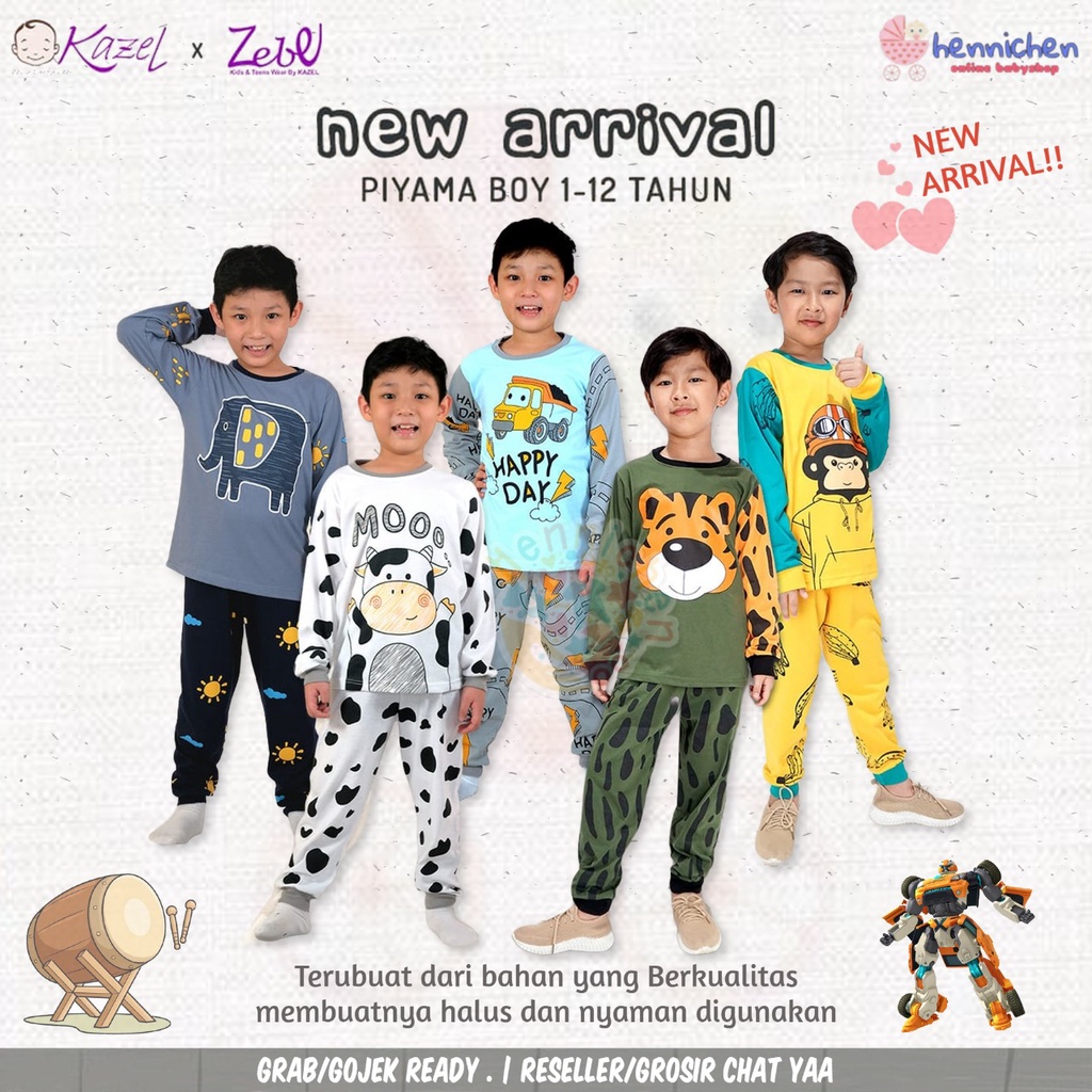 Kazel x Zebe Piyama Boy Edition - Setelan Panjang Piyama Panjang Tiger Gajah Moo Truck Ape (0 -12 tahun)