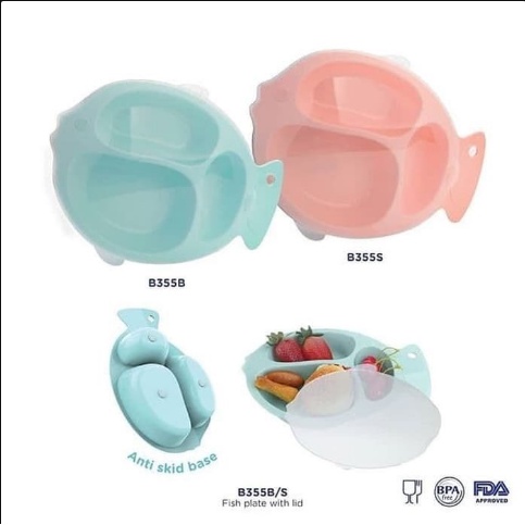 Baby Safe Fish Devide Plate With Lid Piring Tempat Makan Bayi Anak Bentuk Ikan B355