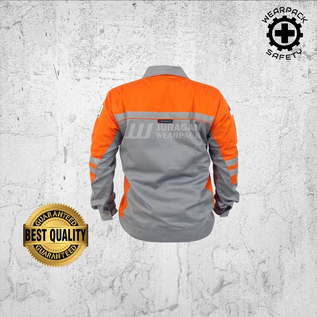 Wearpack Kerja/Baju Safety Lengan Panjang Warna Orange Kombinasi Abu-abu