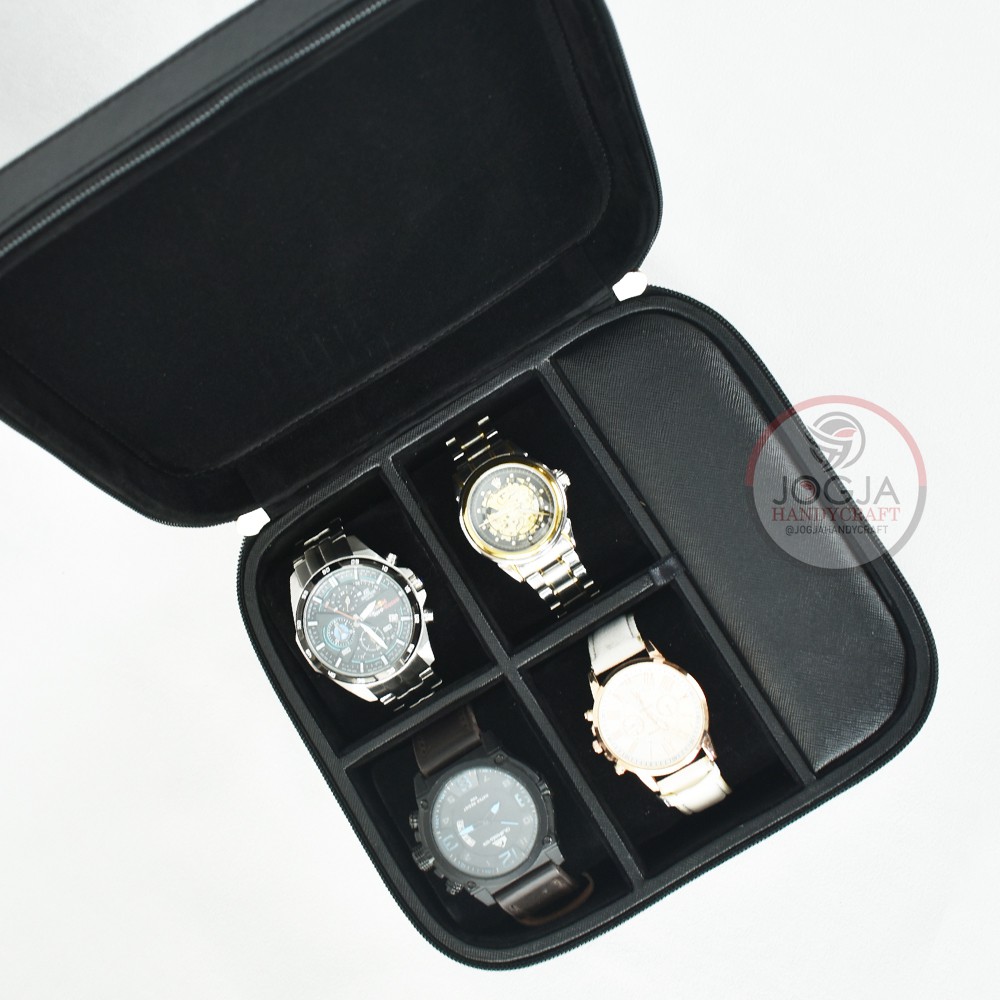 Full Black - Travel Watch Box Kotak Tempat Jam Tangan Sport 4 slot + 1 Slot Multifungsi