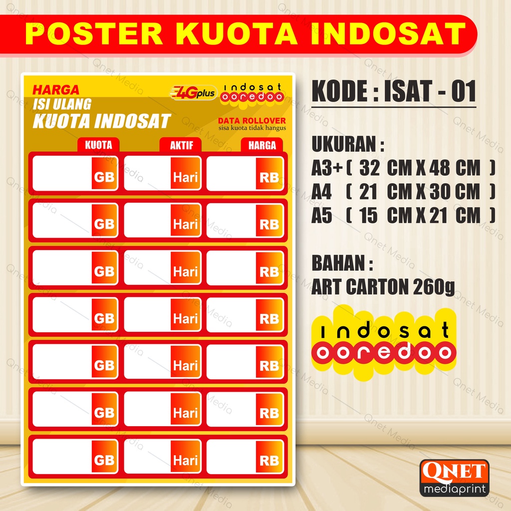 

POSTER KONTER DAFTAR HARGA KUOTA INDOSAT (CUSTOM) - BA Design