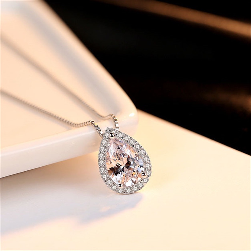 [Ready Stock]Fashion Plated S925 Sterling Silver Water Drop Pear-Shaped Pendant Diamond-Studded Necklace