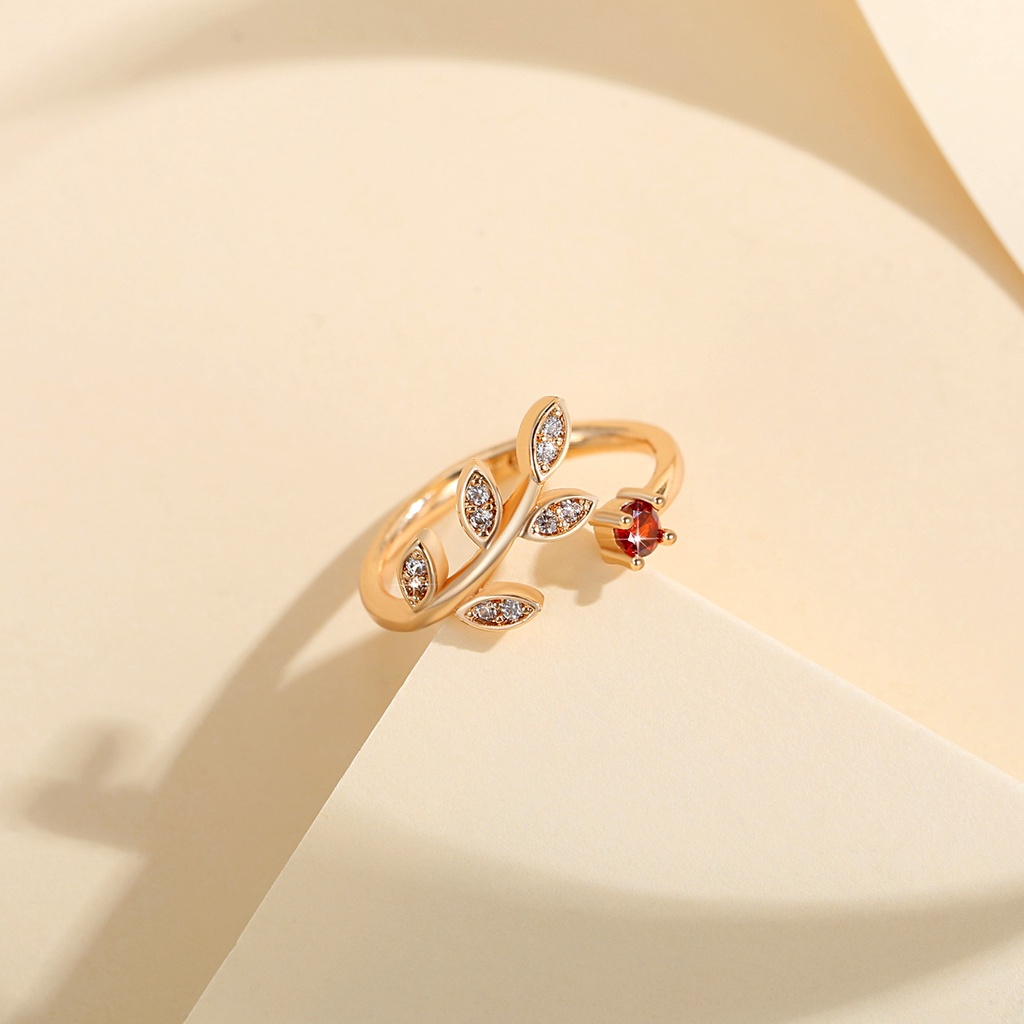 Y689 【COD】 Bentuk Leaves Cincin Terbuka Berlian Baja Titanium Emas Kristal Perhiasan Fashion Wanita