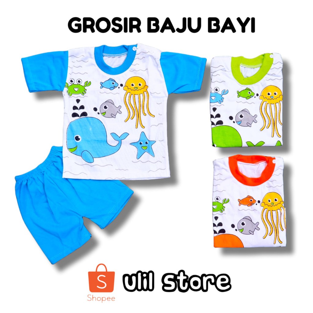 Setelan Baju Pendek Baju Bayi Kancing Pundak Usia 3-15 Bulan NDL Motif