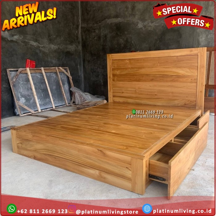 Tempat tidur Jati 160x 200 Laci 3 Dipan Jati Laci modern