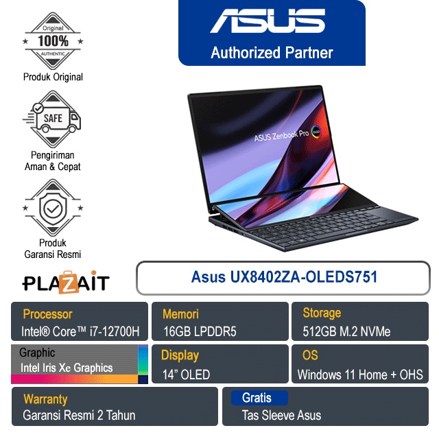 Asus UX8402ZA-OLEDS751/Intel Core i7-12700H/16GB/512GB SSD/Intel Iris Xᵉ Graphics/14.5"/W11+OHS/Tech Black/2Y