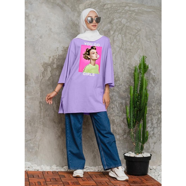 KAOS OVERSIZE TOP HIJAB WANITA BASIC YOU GO  / OVERSIZE SLIT BLOUSE GAMBAR DTF / DIGITAL PRINT