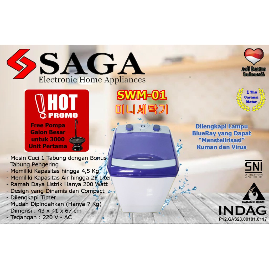 MESIN CUCI portable mini 4.5 KG SAGA SWM 01  air 25L pengering 200 W blueray steril timer 1 tabung