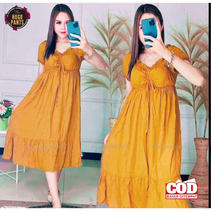 Daster Serut Dada Casandra Bali Kekinian Bahan Rayon Polos Wanita Remaja-kunyit