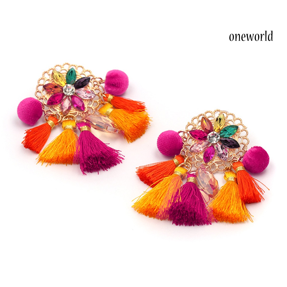 OW# Boho Women Rhinestone Tassel Pompom Dangle Stud Earrings Long Statement Jewelry