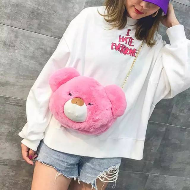 Tas selempang Cute Plush Bear Shape Women Handbag Crossbody Shoulder Bags Ladies Girls Casual Chain