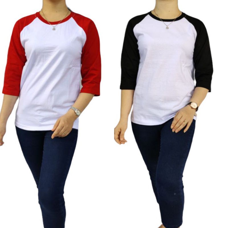 Kaos Polos Raglan Lengan 3/4 Pria Wanita Dewasa Warna Putih
