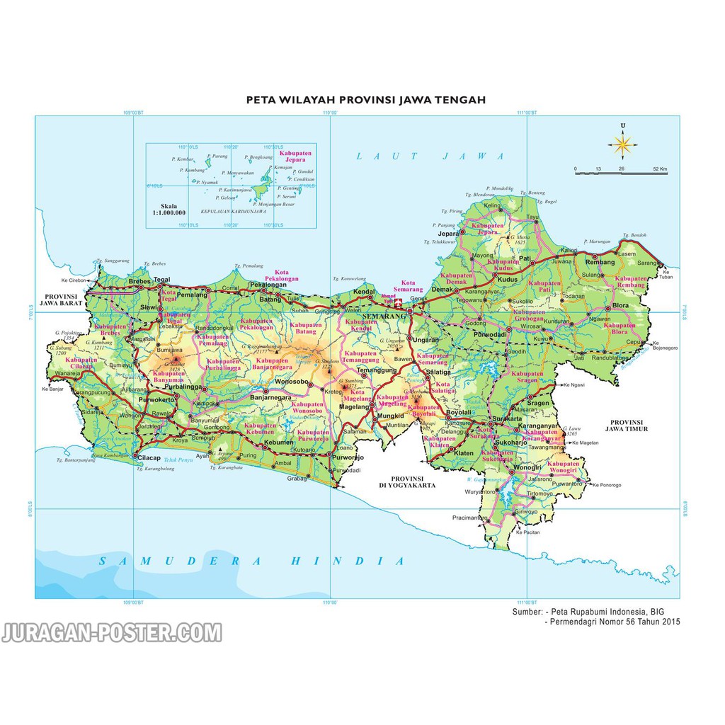 Peta Dinding Provinsi Jawa Tengah Ukuran 120x150cm Bahan PET