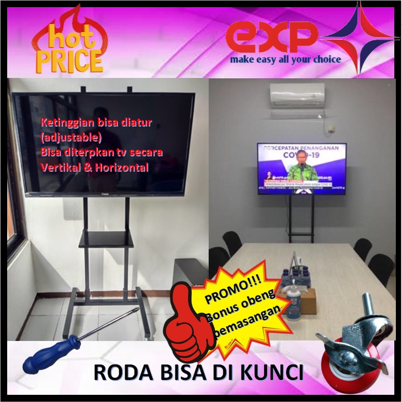 Garansi cocok!!! Bracket TV Standing 32&quot; s/d 65&quot; COOCAA pakai RODA KOKOH 100% BESI MURNI