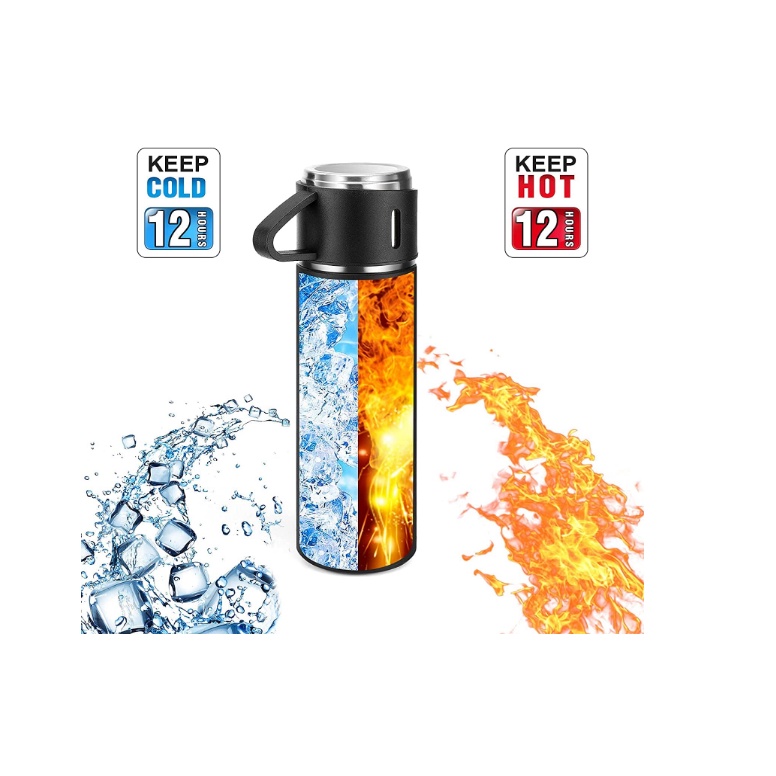 Botol Minum Termos 500ml Vacuum Cup Stainless Tahan Panas Gift Set 3 Cangkir