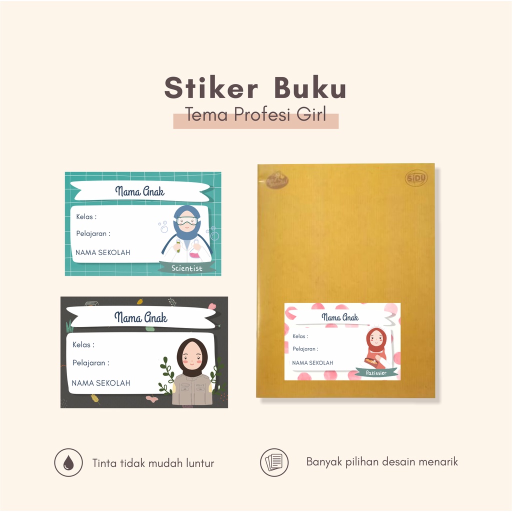 

(30pcs)bisa custom nama sendiri /Stiker dan label buku pelajaran Tema PROFESI GIRL/murah