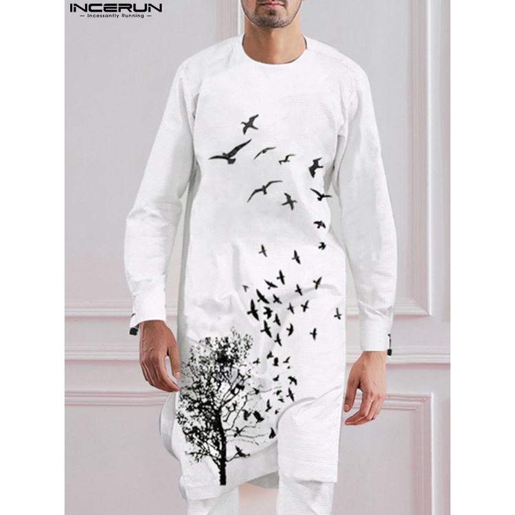 Pria Muslim Jubba Thobe Printing O Leher Lengan Panjang Islam Bahasa Arab Kaftan Pria 2022 Streetwear Fashion Dubai Kaftan S 5XL Incerun