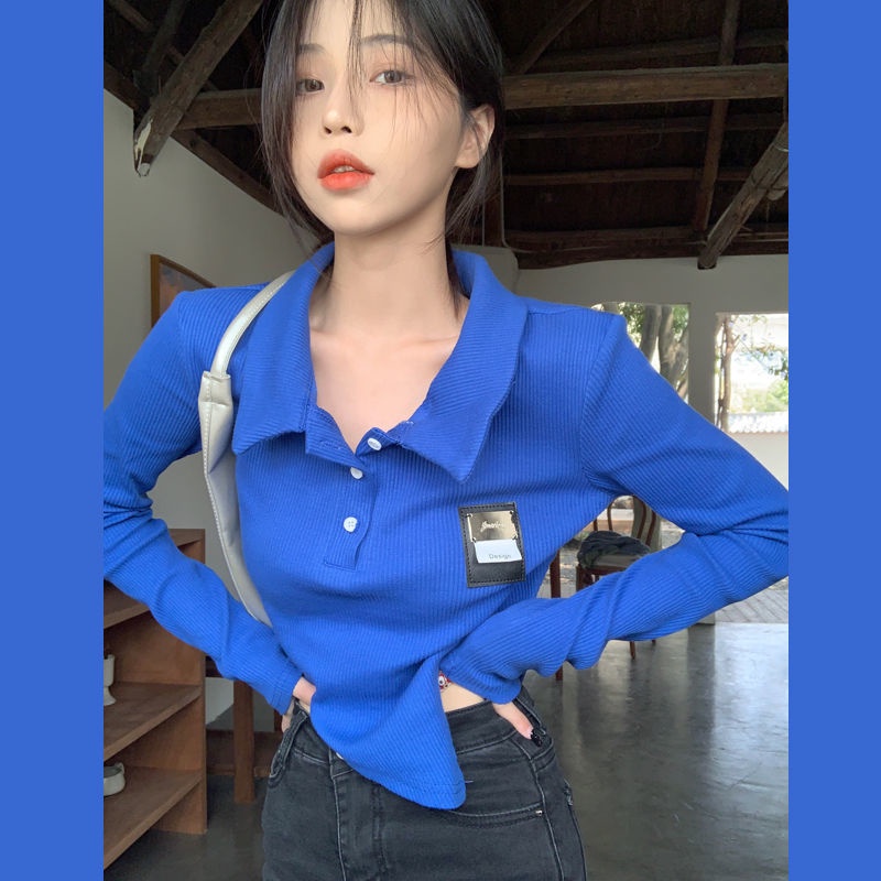 Sweet babes short top women s design sense niche spring chic chic Klein blue lengan panjang T-shirt