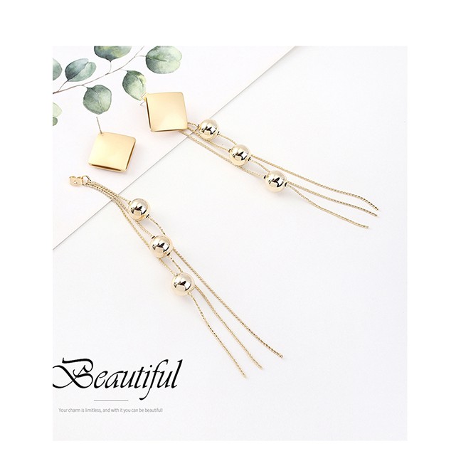 LRC Anting Tusuk Fashion Golden Long Fringe Ball Square Earrings Y63204