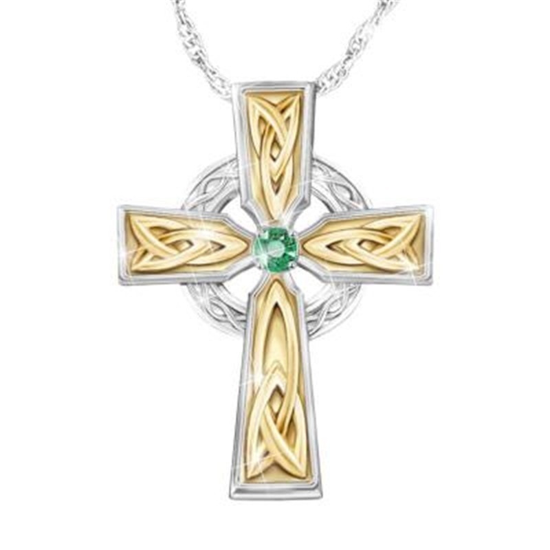 Kalung Rantai Dengan Liontin Salib Agama Celtic Emerald Hijau Untuk Wanita