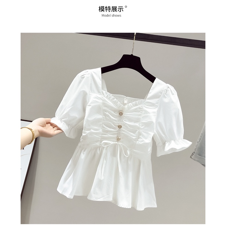 [✅BISA COD]  #Sisjuly# Wanita Lengan Pendek Chiffon Kemeja Putih Wanita Tipis Gaya Baru Menutupi Perut Pinggang Kecil Kemej