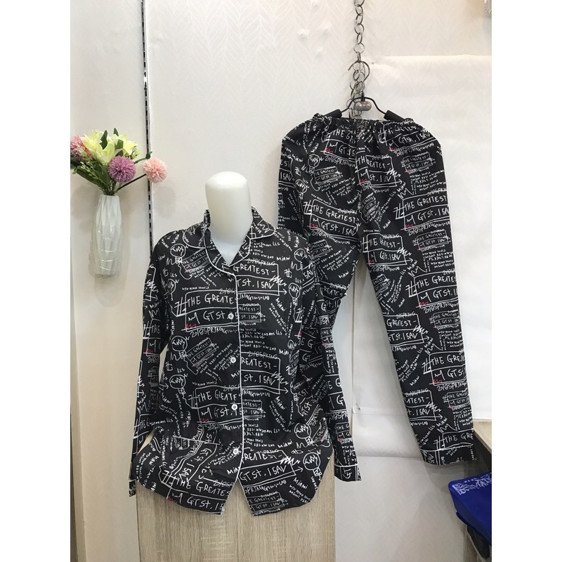 piyama/pajamas motif tulisan PP hitam wanita.bajutidur/homewear/sleepwear tulisan PP black cwe kekin