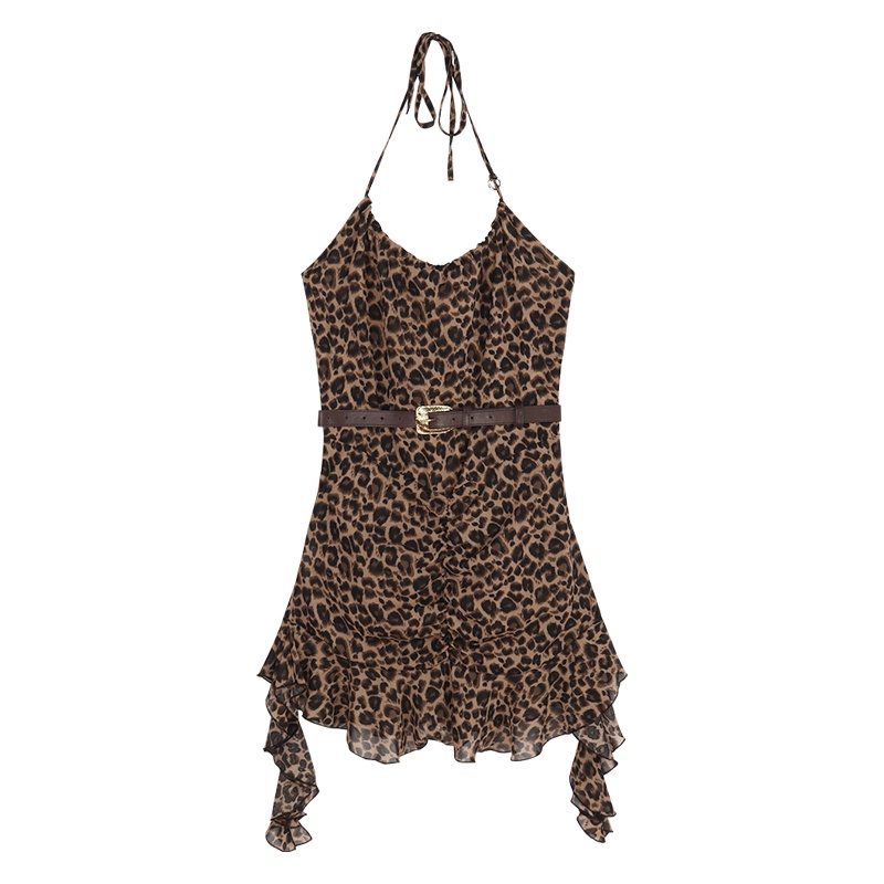 Suhao Hot Girl Leopard Print Sling Dress wanita Musim Panas Tidak Teratur Backless Klavikula Unik Se