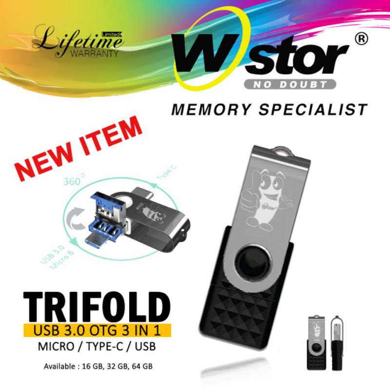 FLASHDISK TRIFOLD 16GB WSTOR 3 IN 1 GARANTY LIFETIME