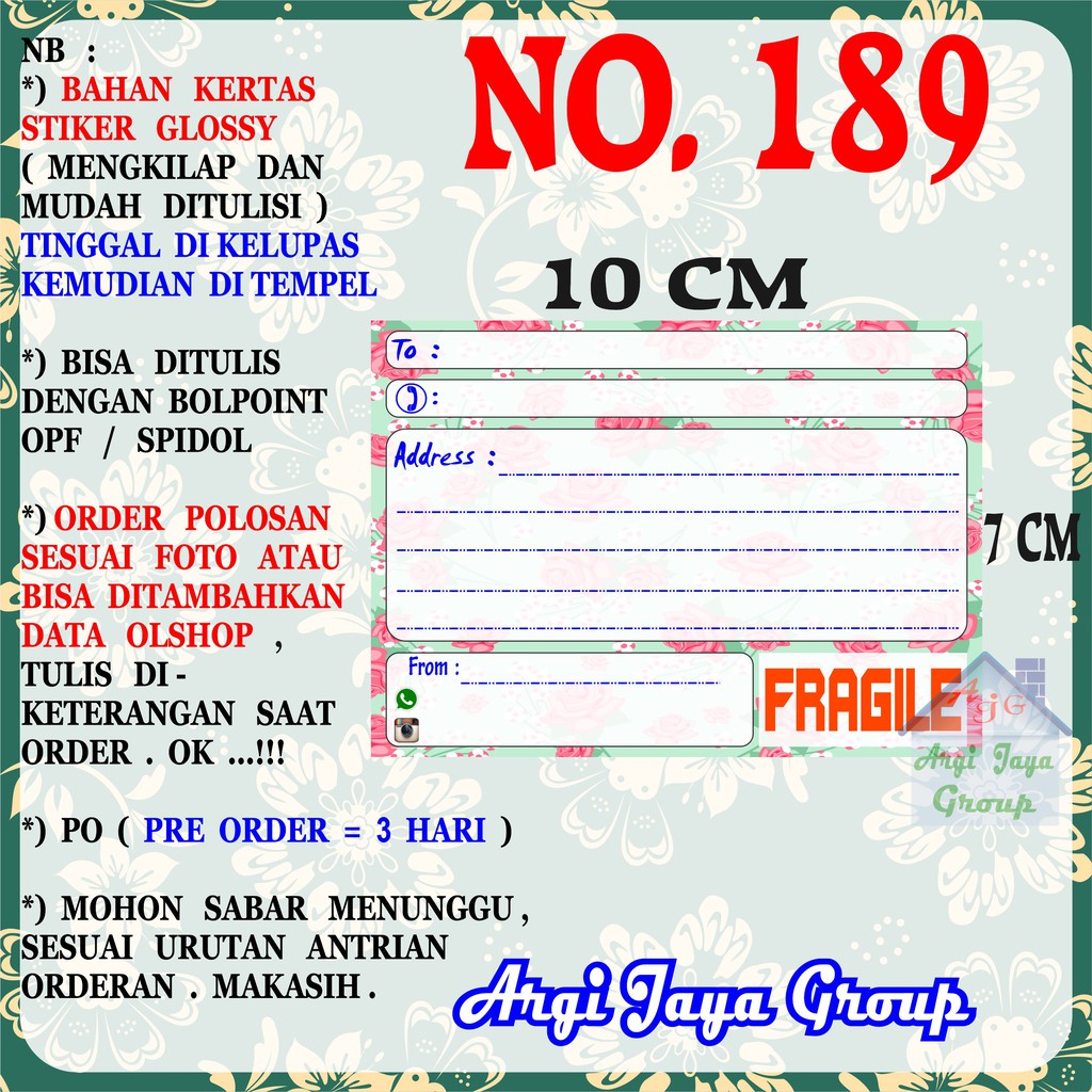 

Stiker Pengiriman - Sticker Alamat Olshop Murah Nomer 189 - 10x7 cm - Glossy